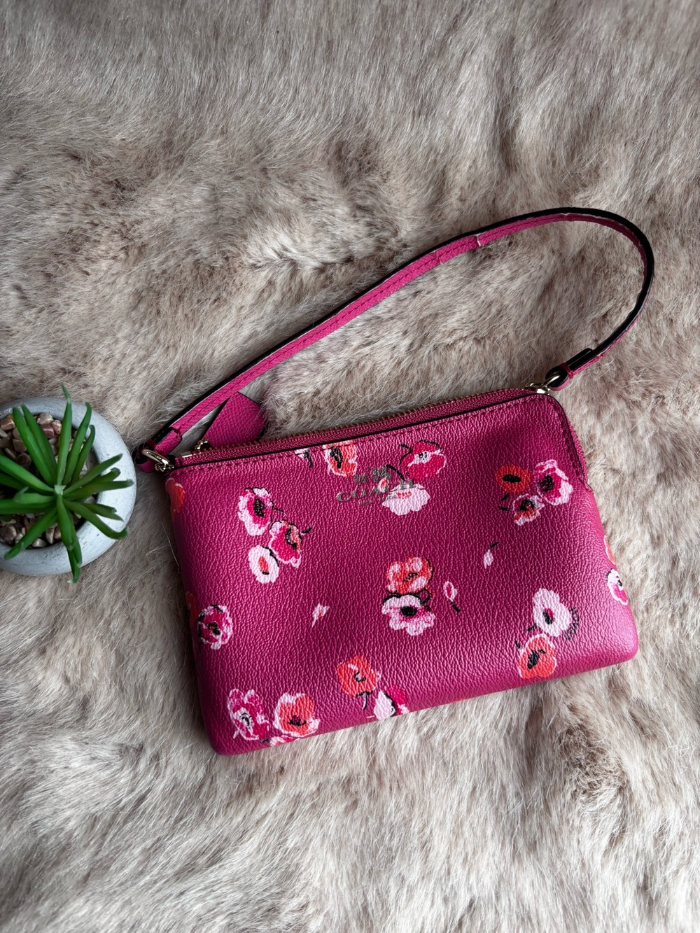 Coach Pink Floral -Zip Wristlet with Gold Hardware